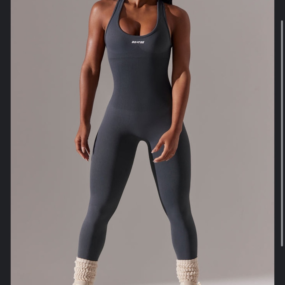 Bo + Tee OhPolly Gray Racerback Jumpsuit with Scoop Neckline